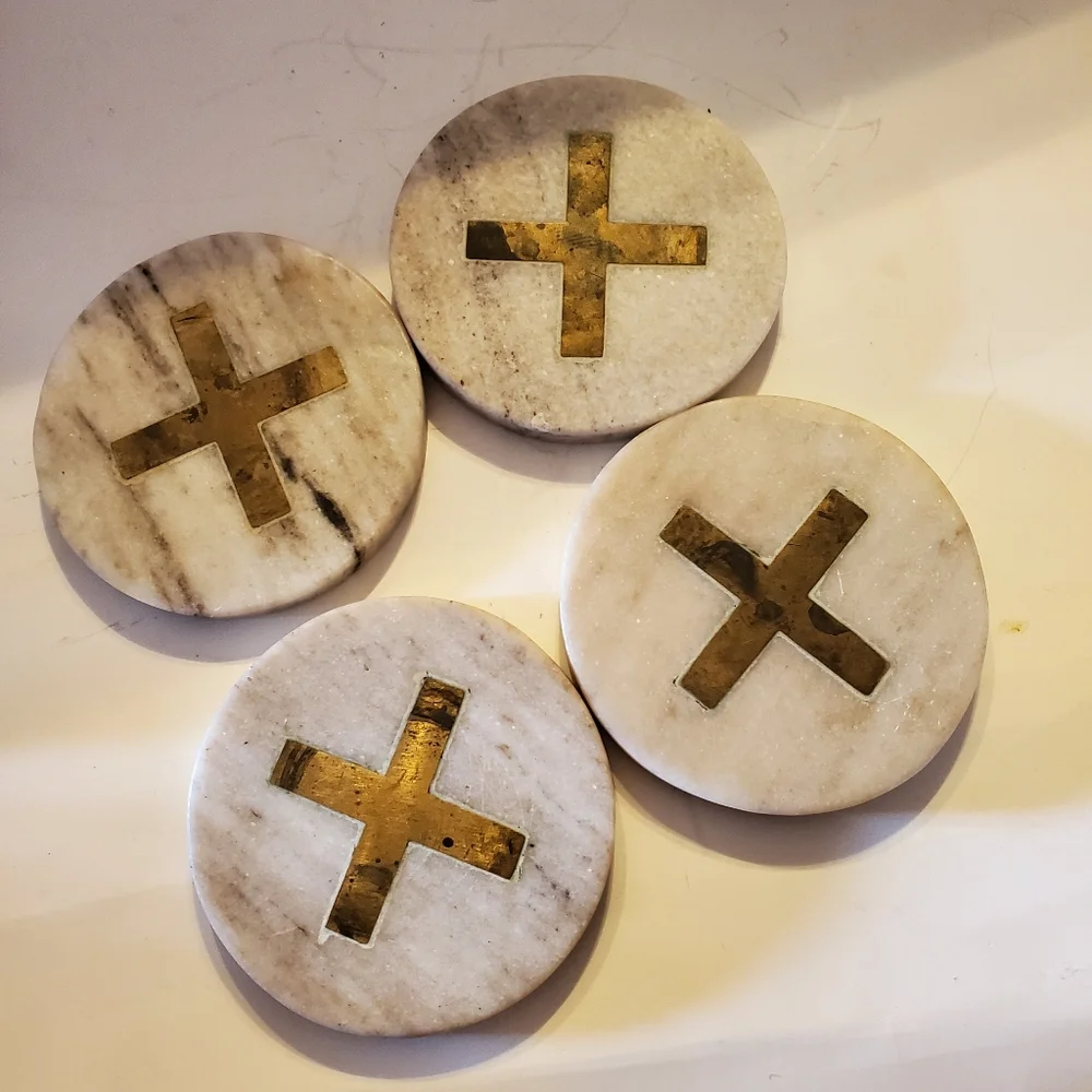 White Marble and Brass Inlay Cross Coasters Set of 4 Round Stone Drink Coasters